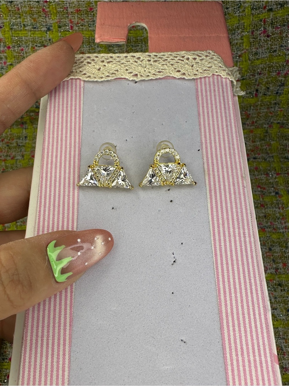 AA great Gold and White Crystal Triangle Purse Stud Earrings